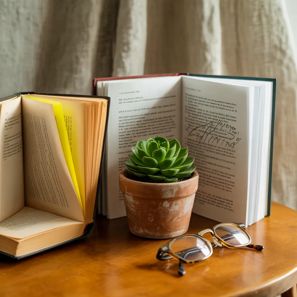 兩本書面對面攤開，中間放著多肉植物和眼鏡，像是兩個觀點在對話