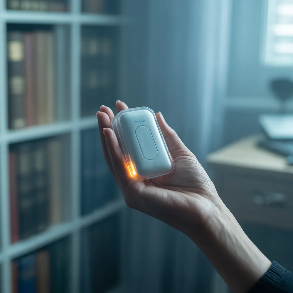 手拿 CGM sensor 包裝，背景模糊書桌——買到後沒人接手解讀的瞬間