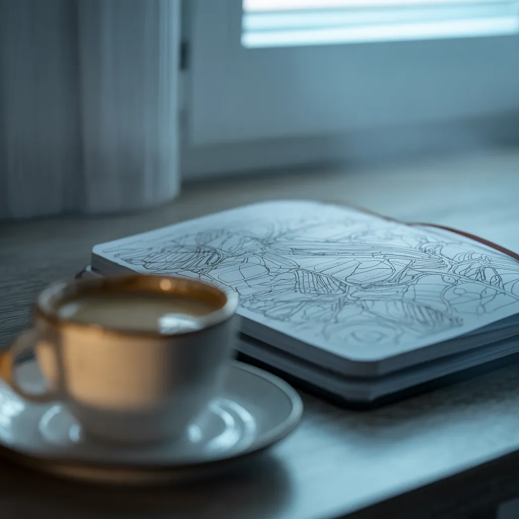 筆記本上情境圖示與一杯咖啡——寫下假設再貼的瞬間