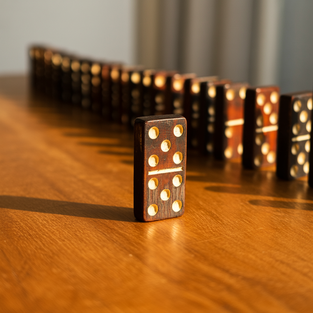 木桌上排列的骨牌,一張倒下其餘跟著倒