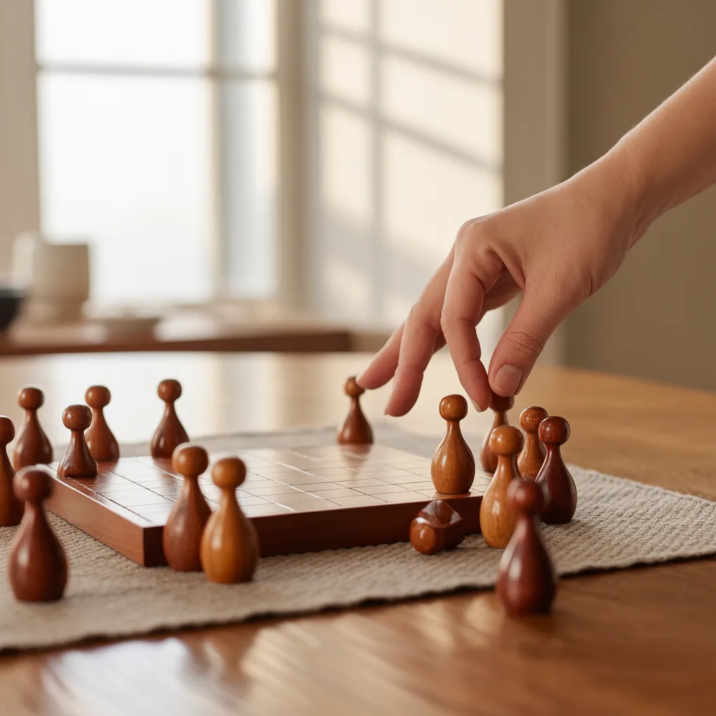 木桌上的棋子：有的站著，有的倒了，一隻手正把倒下的扶起來