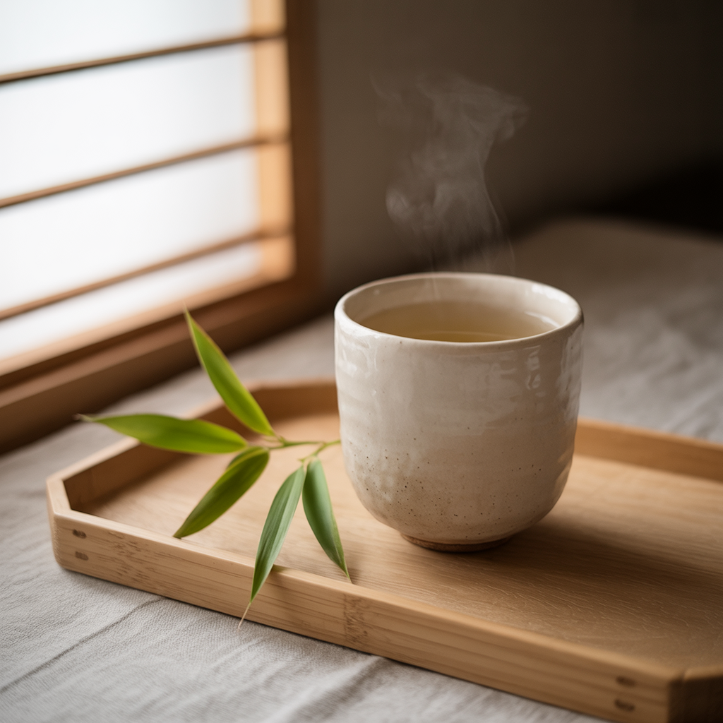障子窗前的白瓷茶杯,竹葉與晨光